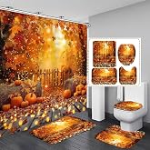 jieprom 4PCS Thanksgiving Shower Curtain Bathroom Sets with Rugs, Toilet Lid Cover and Bath Mat, Autumn Shower Curtain with 12 Hooks, Pumpkin Maple Leaves for Thanksgiving Bathroom Decor Set