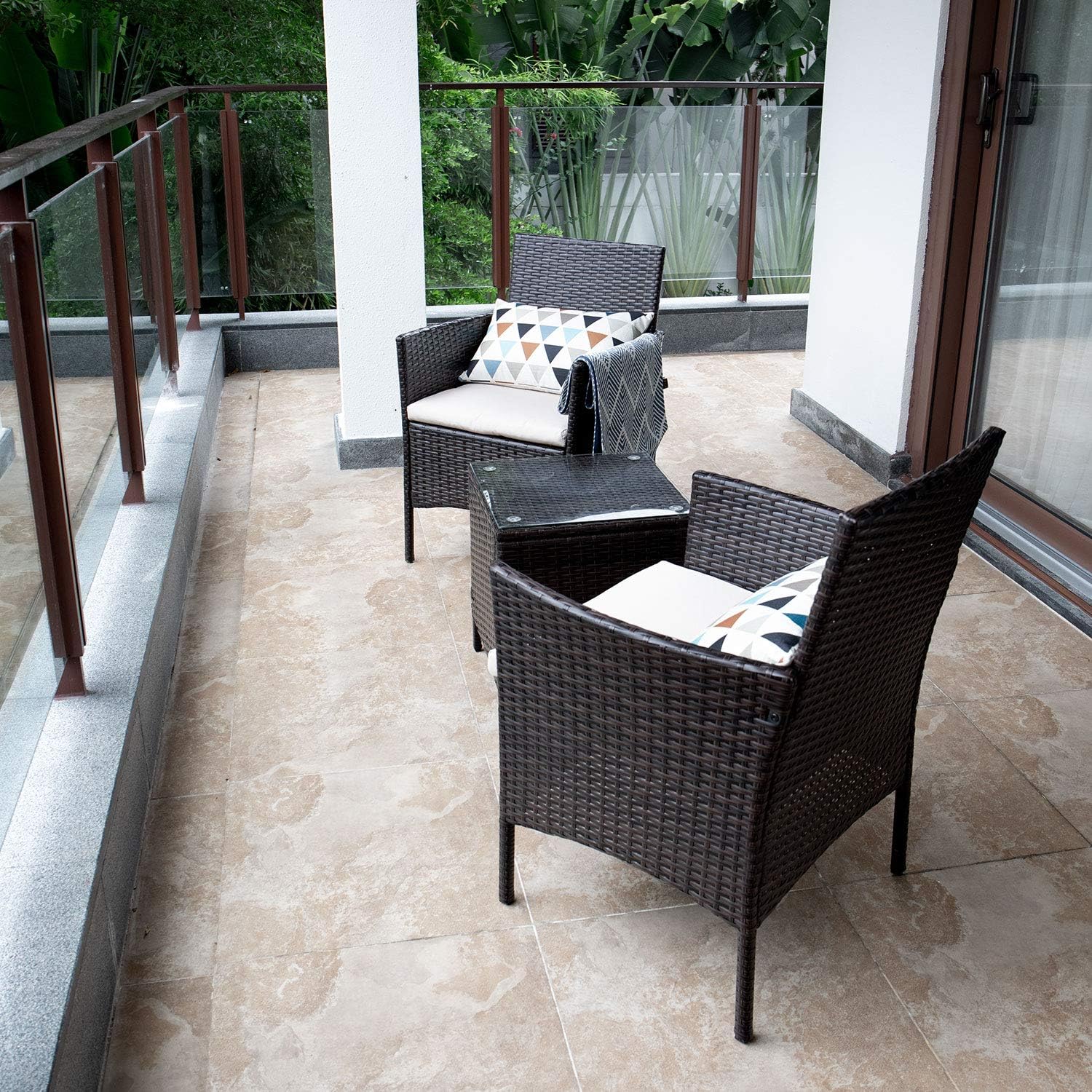 Devoko Patio Porch Furniture Sets 3 Pieces PE Rattan Wicker Chairs with Table Outdoor Garden Furniture Sets (Brown/Beige): Garden & Outdoor