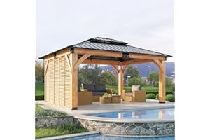 Jocisland 12' x 14' Permanent Wood Gazebo with Privacy Wall, Spruce Frame Hardtop Gazebo with Double-Tier Galvanized Steel Ro