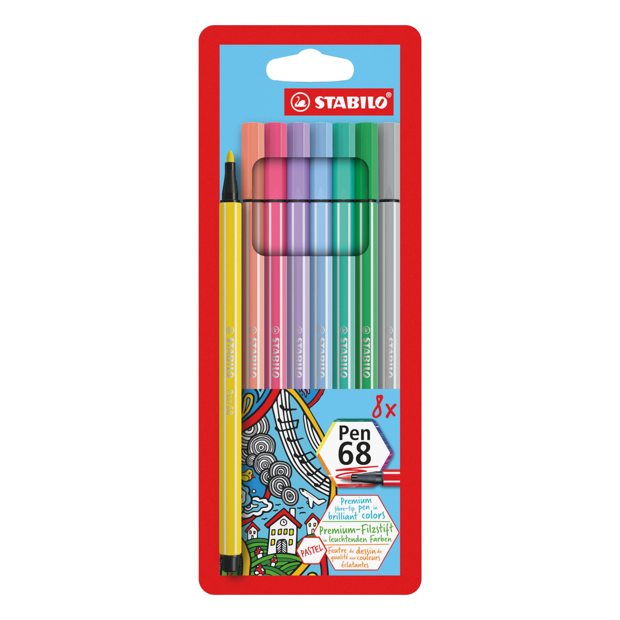 STABILO Pen 68 - Premium Fibre-Tip Pen - Pack of 8 - Pastel Colours
