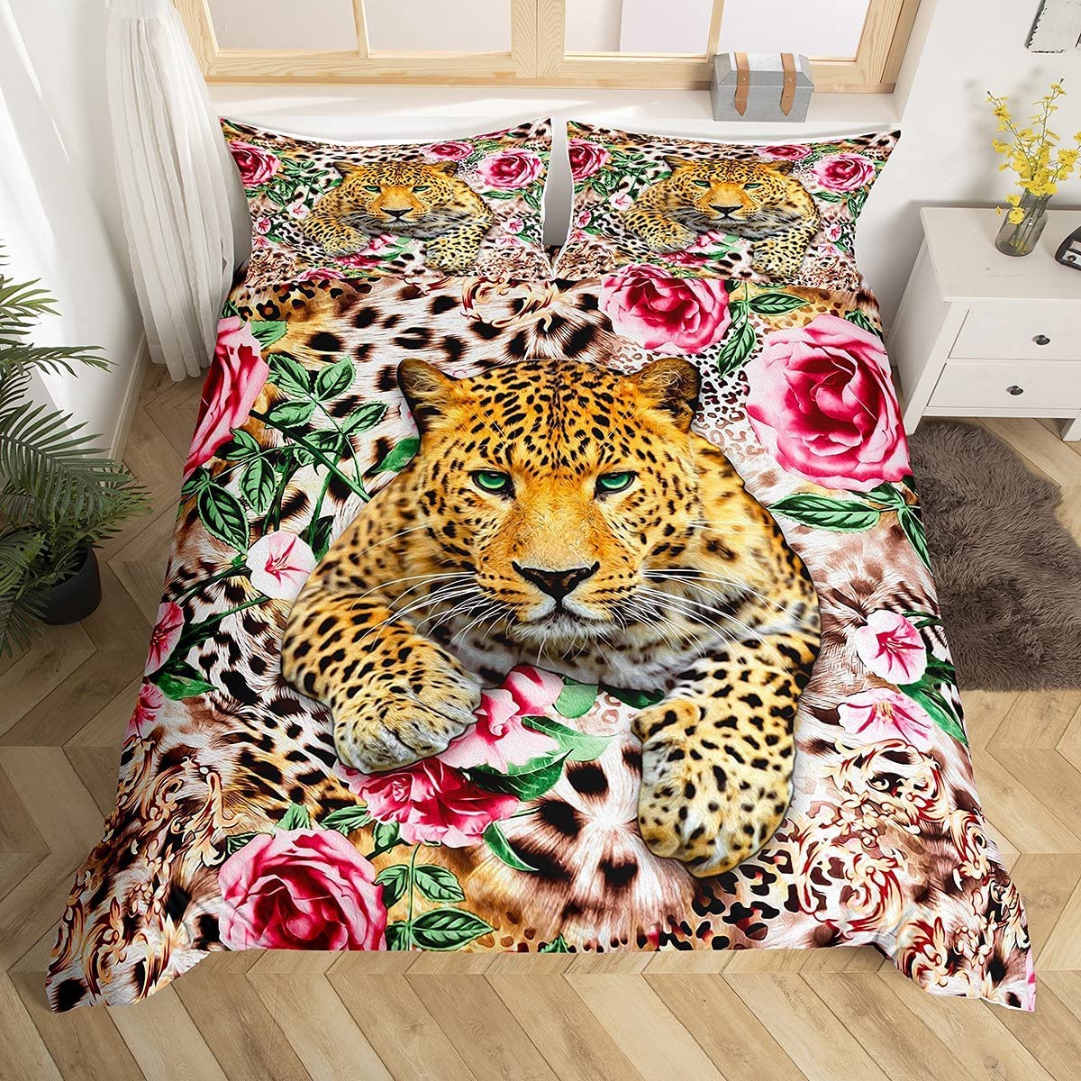 Loussiesd Leopard Duvet Cover Single Size 3D Animal Print Bedding Set Wildlife Comforter Cover Set Gorgeous Red Rose Floral Bedspread Cover Microfiber Quilt Cover Personalized Soft Chic 2 Pieces