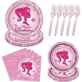 96PCS Pink Girl Plates and Napkins Tableware Set Pink Girl Party Supplies Pink Girl Birthday Party Decorations Pink Princess Theme Party Dinnerware Set Pink Girl Paper Plates Napkins Forks Serve 24
