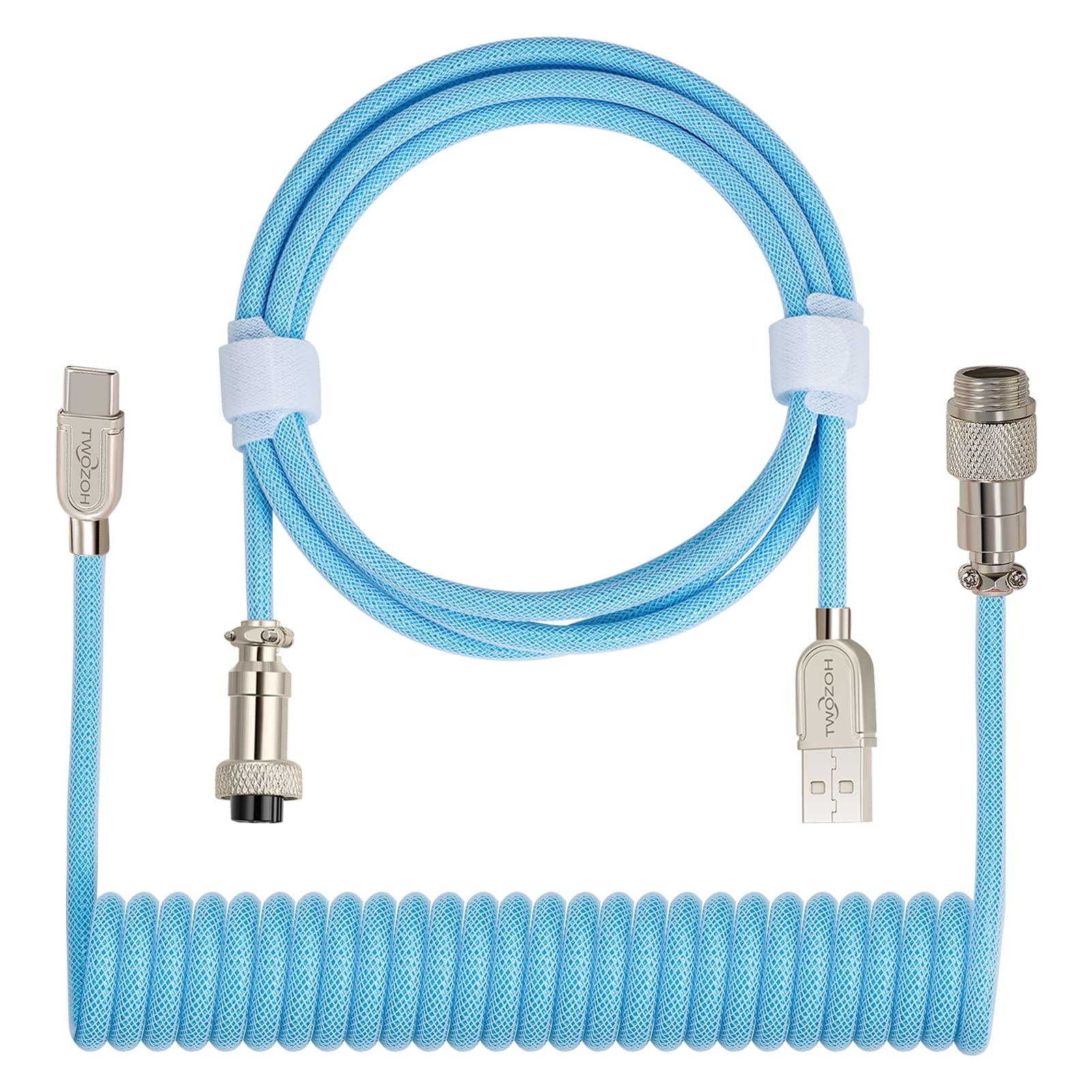 Twozoh USB C Gaming Keyboard Coiled Cable, Braided Double Sleeved Mechanical Detachable Metal Aviator Keyboard Cable (Blue) — image 1