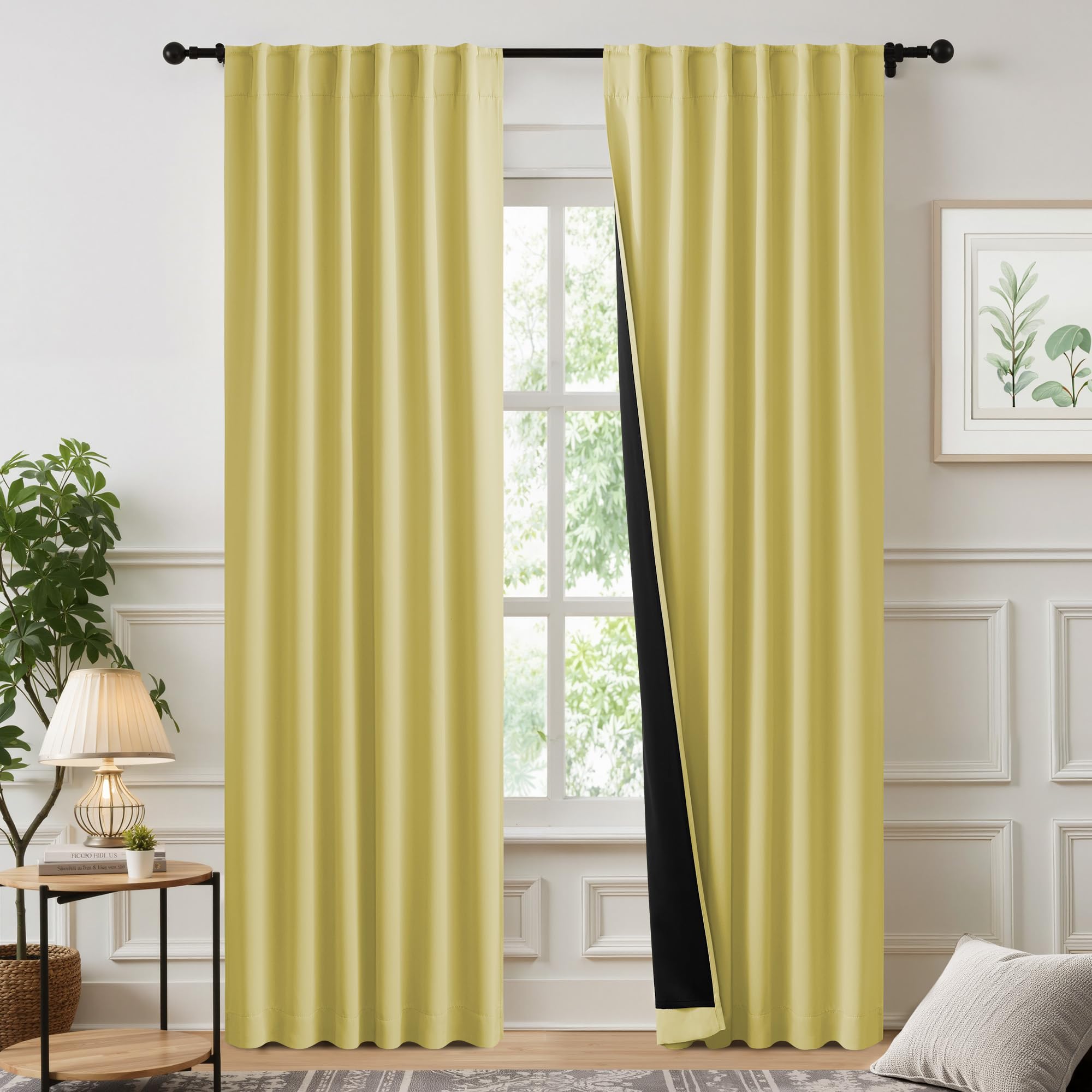 NICETOWN Paler Yellow 100% Blackout Curtains, 2 Panels 52x84 Inches for Living Room & Bedroom Drapes with Rod Pocket Back Tab, Energy Efficient Noise Reducing Thermal Insulated Window Treatments Image