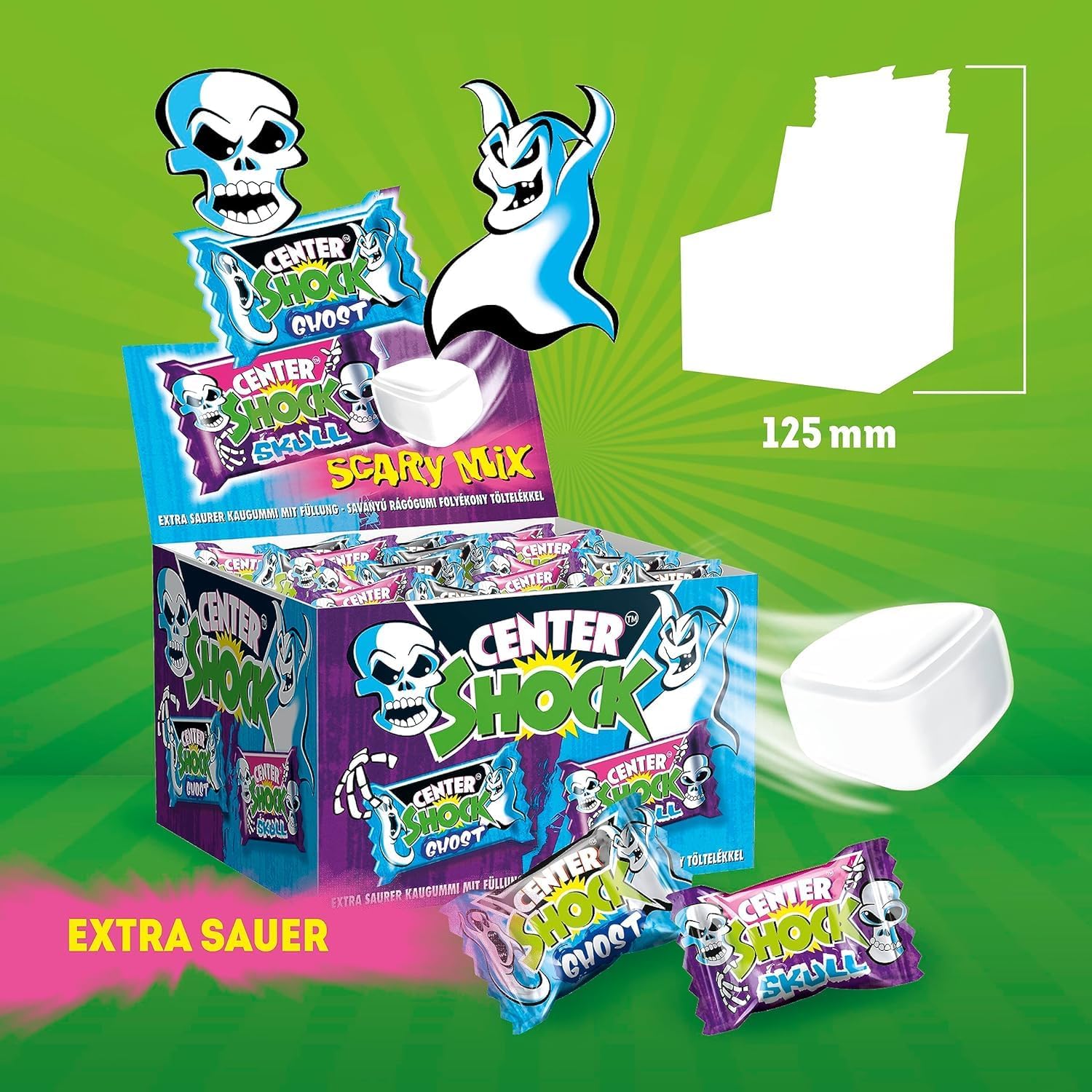 Center Shock Scary Mix, Box mit 100 Kaugummis, extra-sauer mit verschiedenen Sorten, ideal für Geburtstag, Pinata, Candy-Bar, Schultüte und Weihnachten, 400g 4