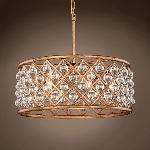 Crystal Grid Hoop 6 Light 25 Antique Gold Clear Glass Chandelier