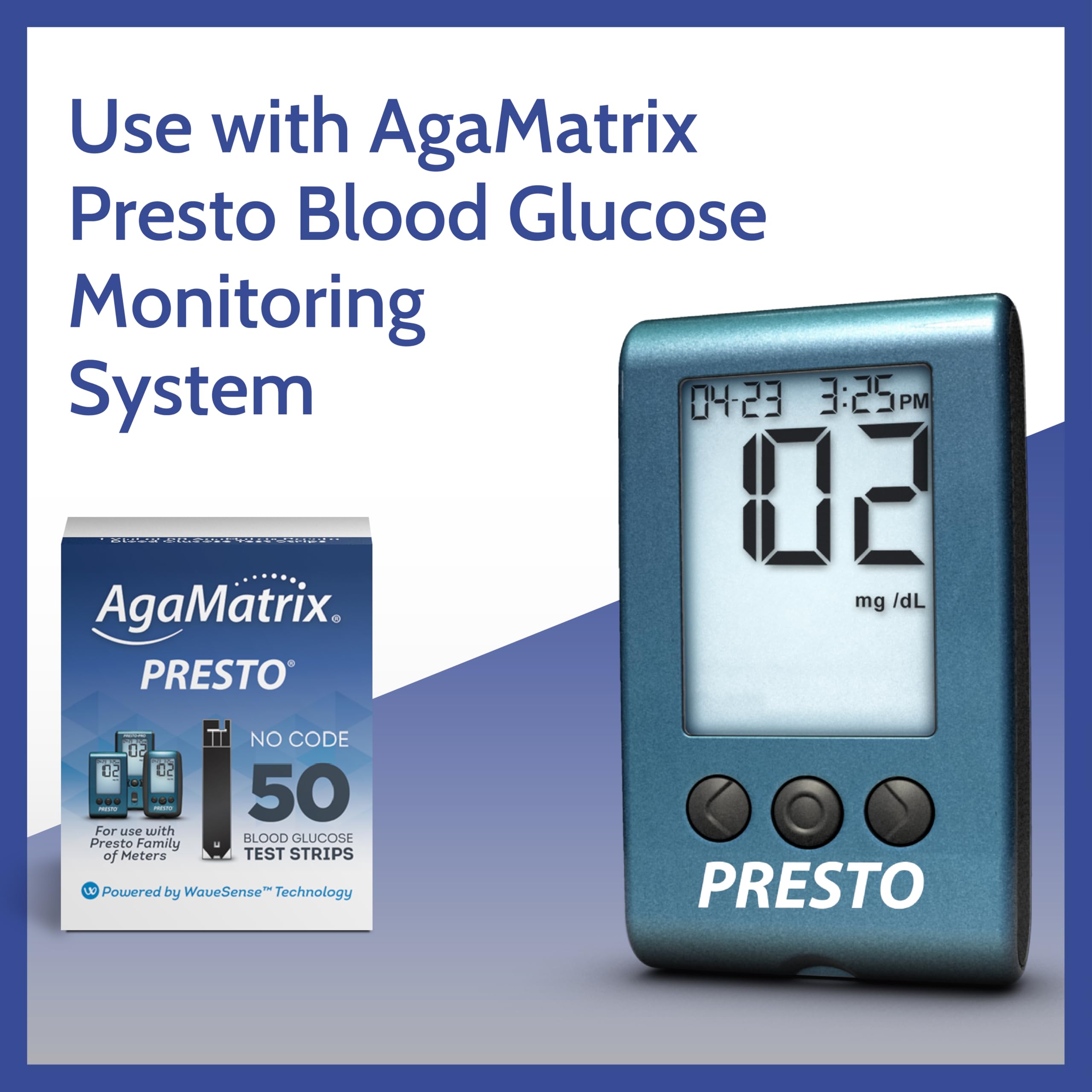 AgaMatrix Presto Test Strips, 100 Count (Pack of 1) | Use with AgaMatrix Presto Blood Glucose Monitor Only | Not for use with Other Meters | 1 Box, 100 Diabetes Test Strips