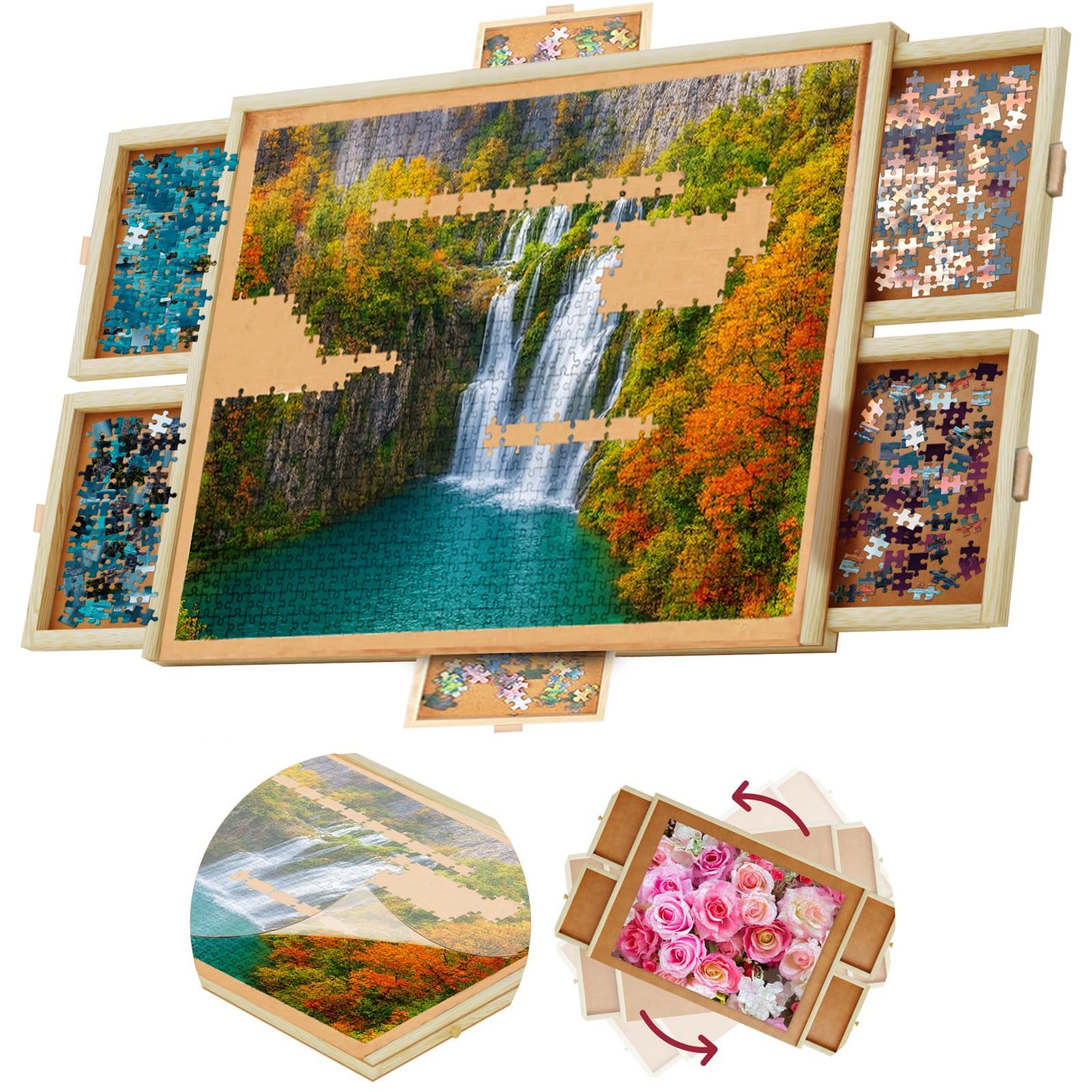Photo 1 of 1500 Piece Wooden Jigsaw Puzzle Board - 6 Drawers, Preassembled Rotating Puzzle Table | 35” X 28” Jigsaw Puzzle Board | Puzzle Cover Included - Portable Tables for Adults and Kids