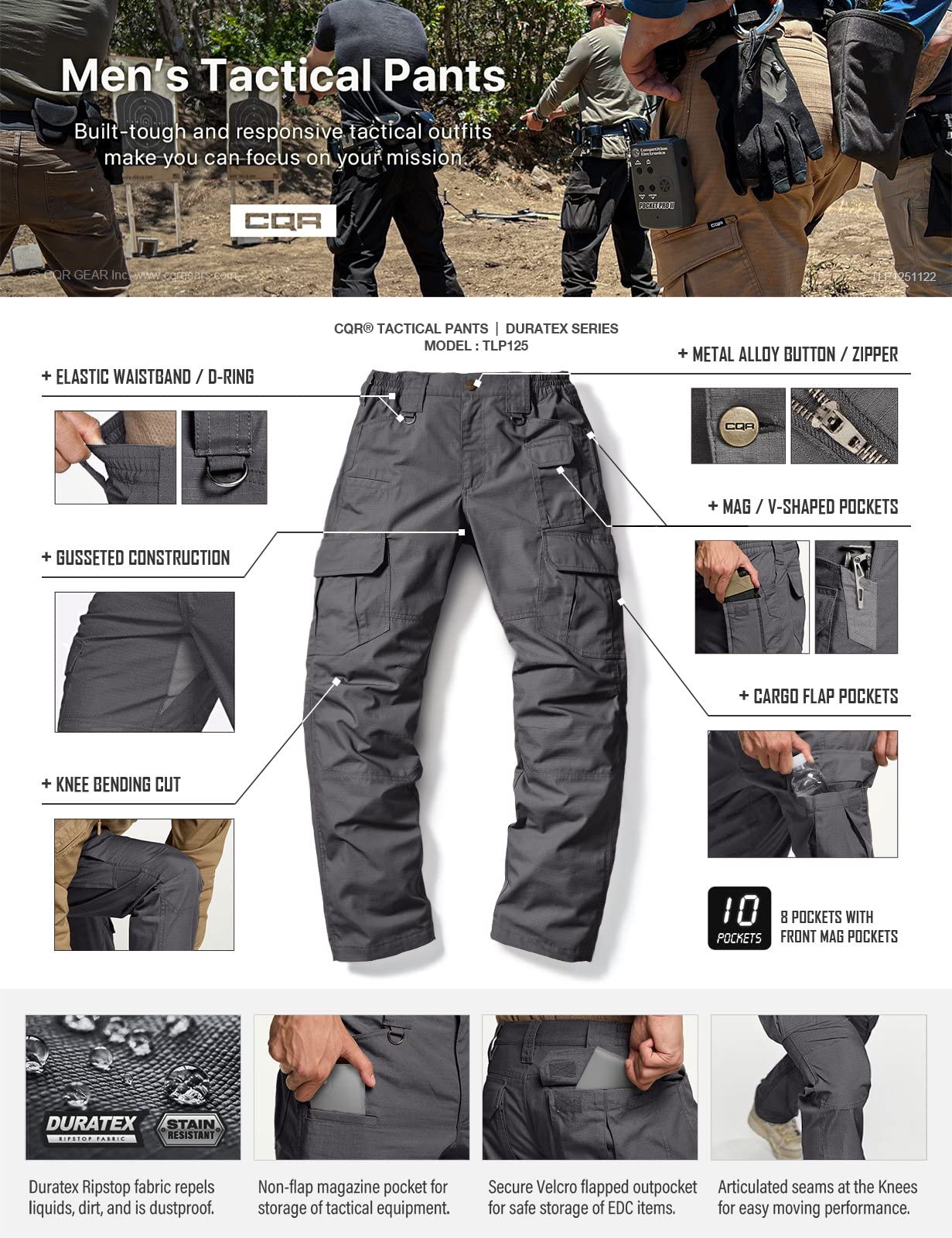 CQR Men's Tactical Pants, Water Resistant Ripstop Cargo Pants, Lightweight EDC Work Hiking Pants, Outdoor Apparel