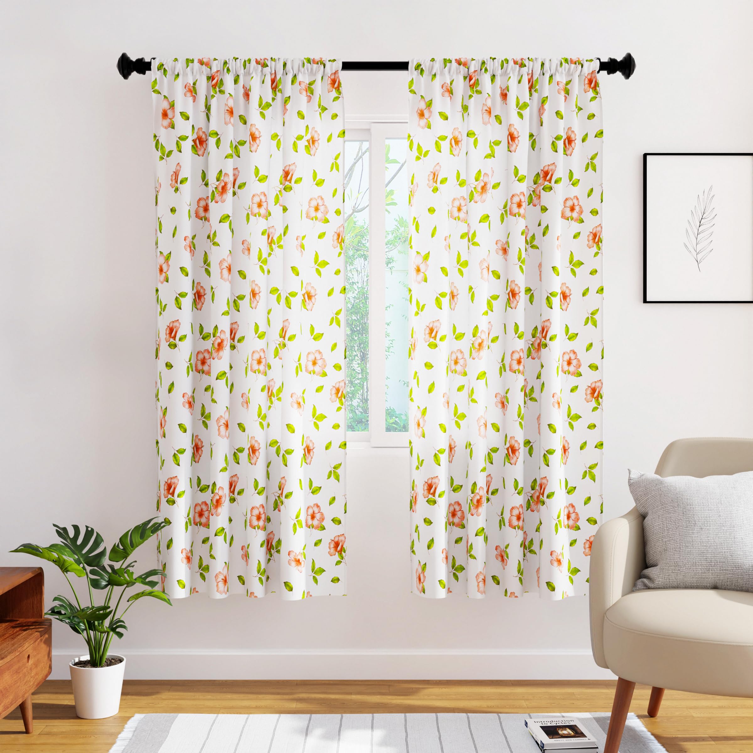 Encasa XO Semi-Sheer 55x72 in Drop Long Rod Pocket Curtains, Hibiscus, Light Filtering Polyester Curtain with Tie Back for Bedroom Living Room, Botanical Floral Pattern Drapes, 2 Panels