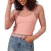 Women Lace Mesh Bow Top Long Sleeve Mock Neck See Through Shirt Polka Dot Embroidered Sheer Layering Tops