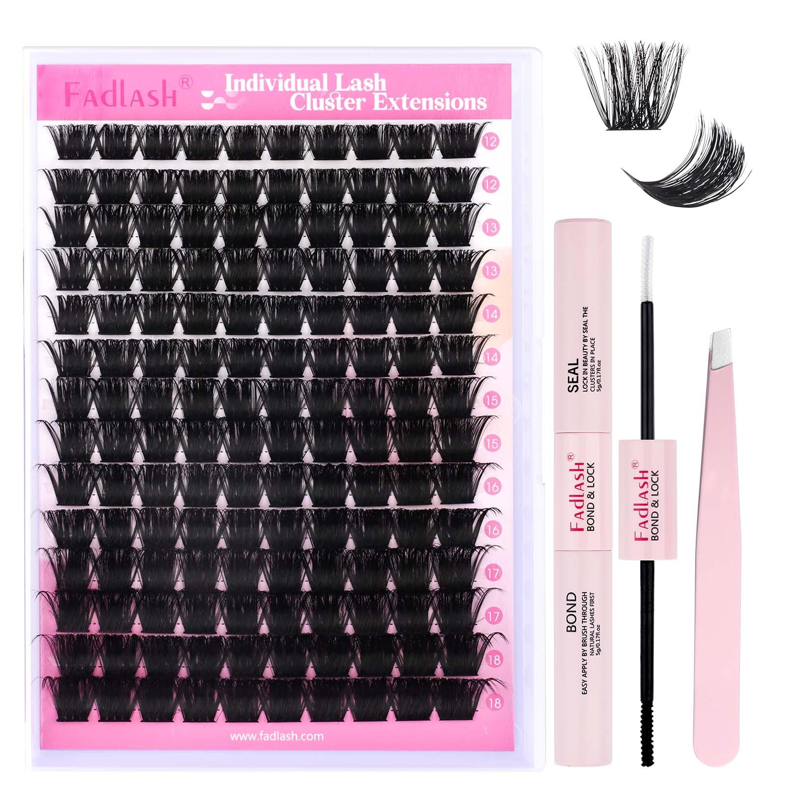 FADLASH 200D 0.07mm D Curl 12-18mm with Bond and Seal and Tweezers Fluffy Cluster Lashes DIY Eyelash Extensions — image 1