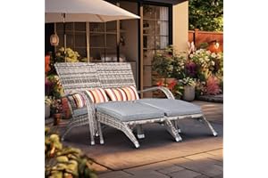 PATIO NOVAGARDEN Outdoor Patio Wicker Loveseat Bench Outside Small Loveseat Sofa Couch Double Adirondack Chairs Rattan Fire Pit Chairs Comfy Patio Chair Low Deep Seating High Back with Ottoman Cushion for Balcony Grey