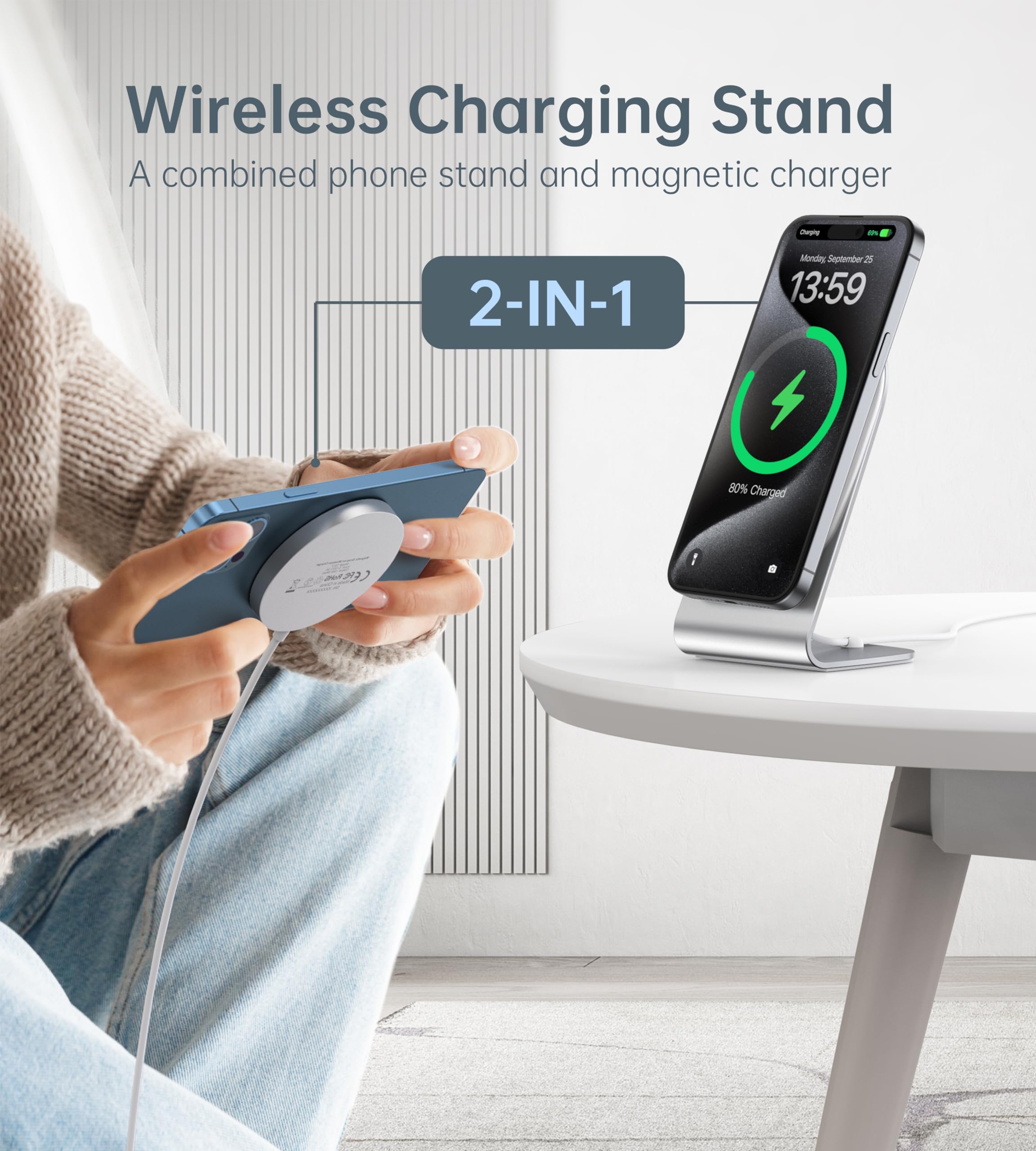 Magnetic Wireless Charger for iPhone 17/16/15/14/13/12 - Mag Charger+20W USB C Adapter, Fast Wireless Charging Stand/Pad with 5ft USB-C Cable for iPhone 17/16/15/14/13/12 Pro Max Plus Mini Air, Airpod