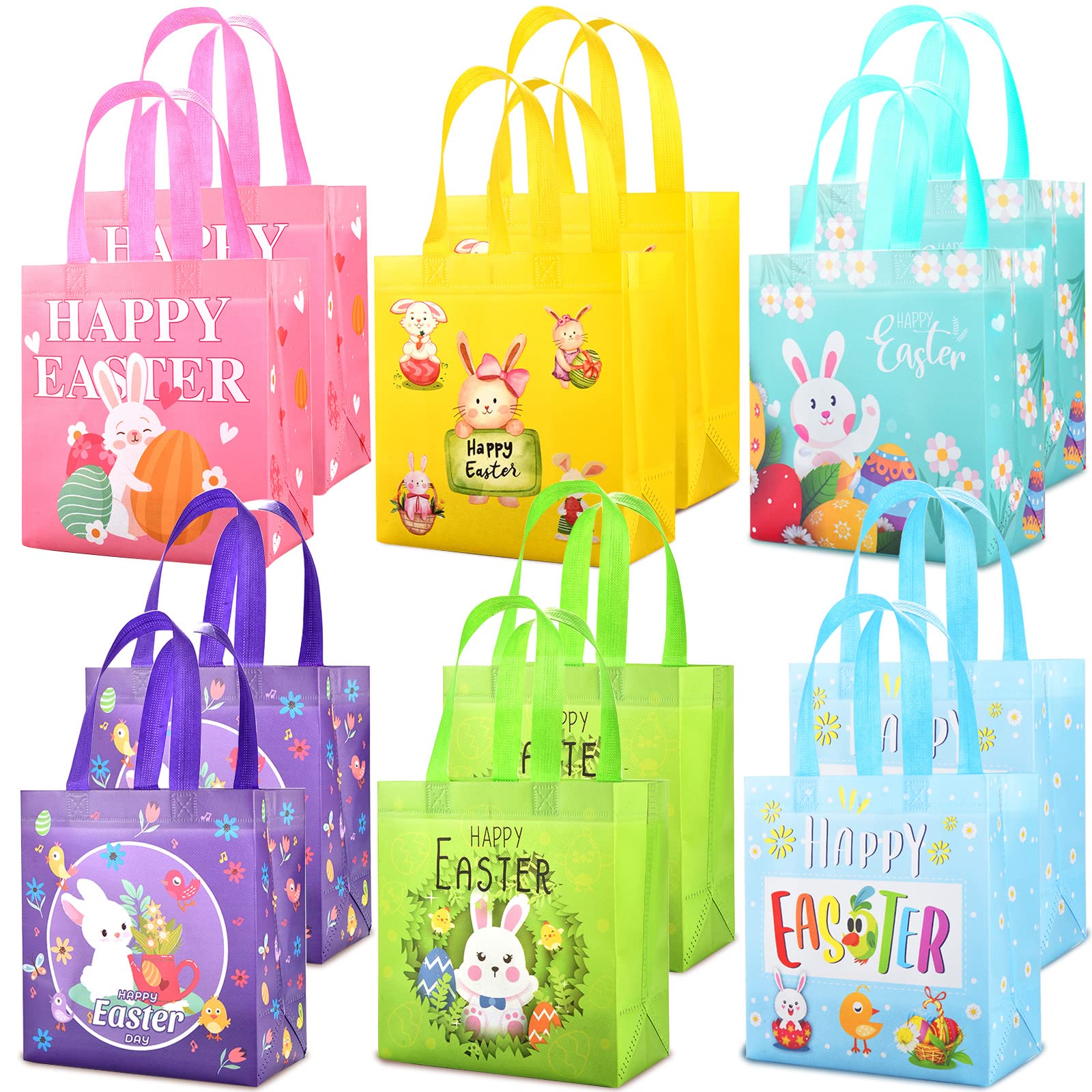 AhfuLife 12Pcs Easter Gift Bags for Kids, 23 x 21 x 11cm Easter Bunny Egg Bags Non-Woven Reusable Bag with Handles for Kids Egg Hunt Party Supplies