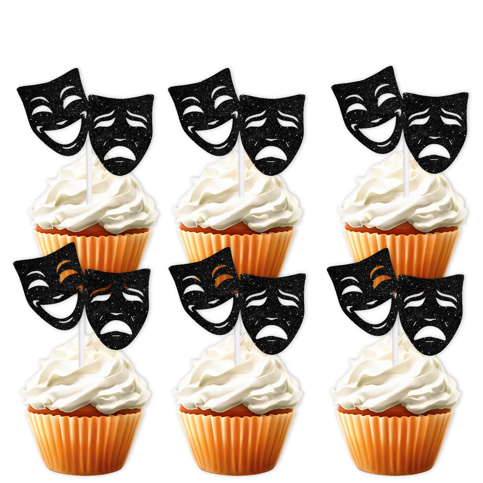 Photo 1 of 18pcs Black Glitter Mask Dessert Cupcake Topper Movie Night Theme Decor Supplies Men Women Boy Girl Happy Birthday Party Decorations