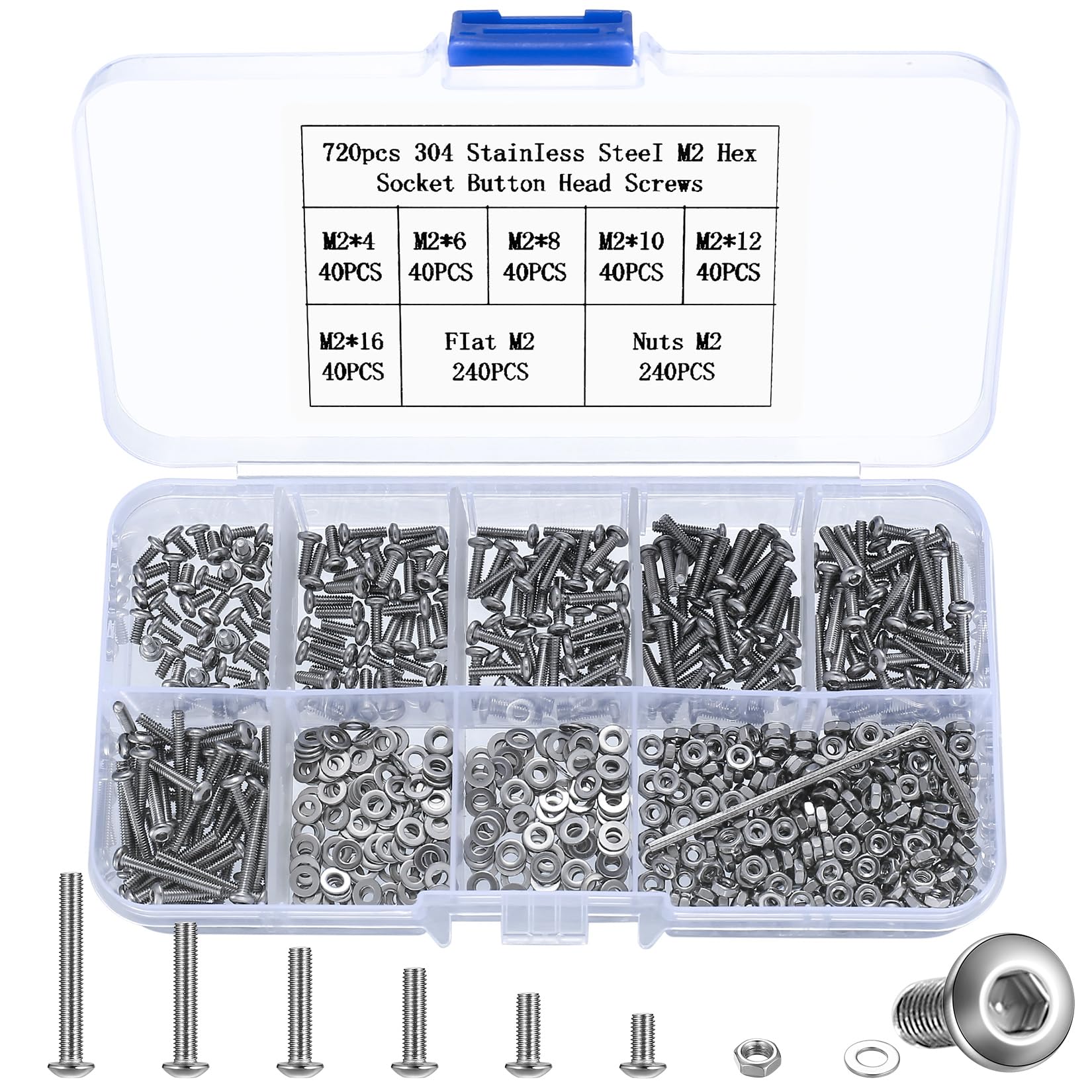 720 Pcs M2 Bolts Set, M2 Nuts and Bolts Set, Hex Socket Button Head Cap Screws and Nuts with Washers, Stainless Steel Pan Hex Head Machine Screws Assortment Kit