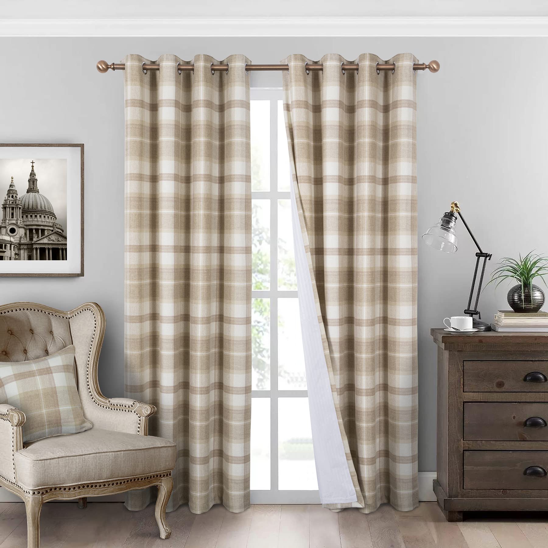 always4u 100% Blackout Curtains Check Eyelet Curtain Bedroom Plaid Woven Brushed Cheque Pair of Highland Woolen Look Window Treatment for Living Room Beige 46 * 54 Inches