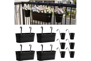 LaLaGreen Rail Planter (17 Inch, 4 Pack) Black Large Metal Hanging Flower Railing Fence Balcony Gardening for Apartment Patio