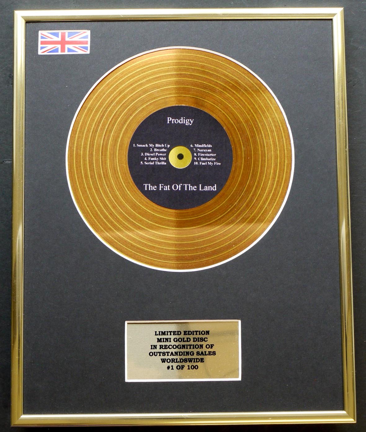 Limited Edition mini gold disc Display PRODIGY/MINI GOLD DISC DISPLAY/LIMITED EDITION/COA/THE FAT OF THE LAND