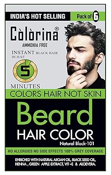 Colorina Men's Beard Color, Natural Black 101 (10ml X 6 Sachet) | Ammonia Free  | Colors Hair not Skin | Instant Beard Color in Just 5 Minutes
