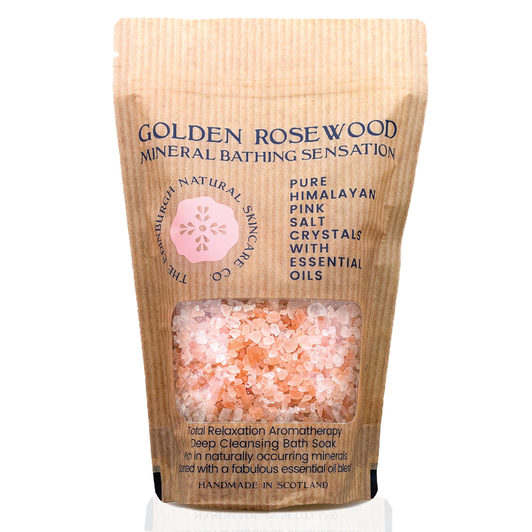 Pink Himalayan Bath Salt Crystals | 100% Natural, Mineral-Rich with Essential Oils | Muscle Recovery, Balances pH, Rejuvenates Skin | Detox, Stress Relief | Spa-Quality Bath Soak | Golden Rosewood