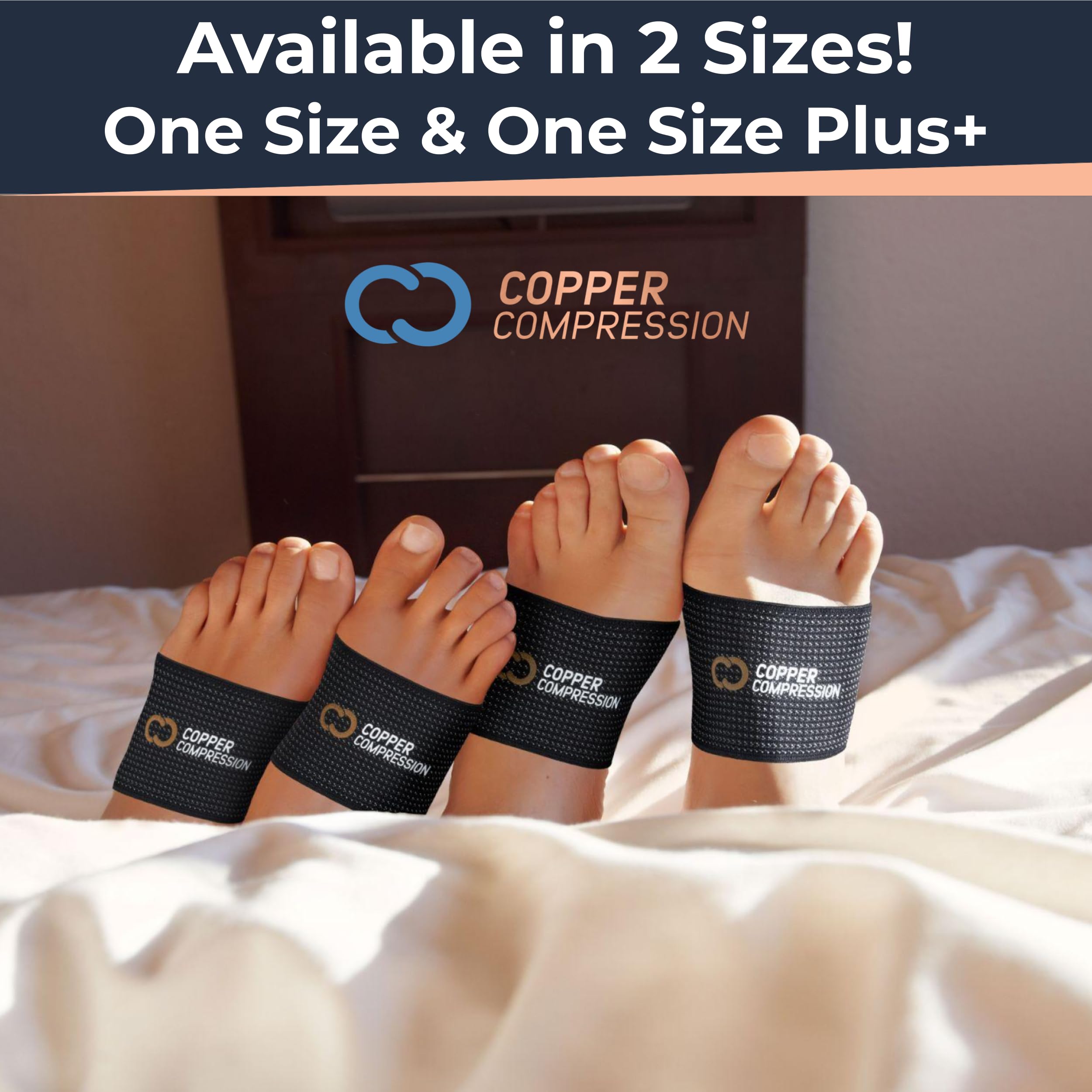 Copper Compression Arch Support - 2 Pain Relief Foot Care Brace Sleeves for Plantar Fasciitis, Heel Spurs - Wide & Narrow Feet - Flat Feet & Fallen Arches, High Arch - One Size - 1 Pair Black