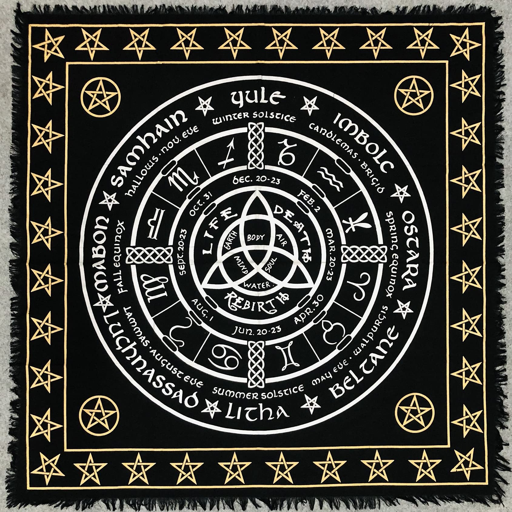 THE ART BOX Celestial Cloth with Triquetra Wheel Design – 18x18 Inch Fringed Square Table Cover for Cards or Decor