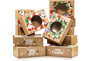 JOYOUSA Christmas Cookie Boxes for Gift Giving - 12 Kraft Christmas Cookie Tins With Lids - Sturdy Christmas Treat Boxes, Christmas Tins - Festive Christmas Cookie Box Packaging - Cookie Boxes with Window