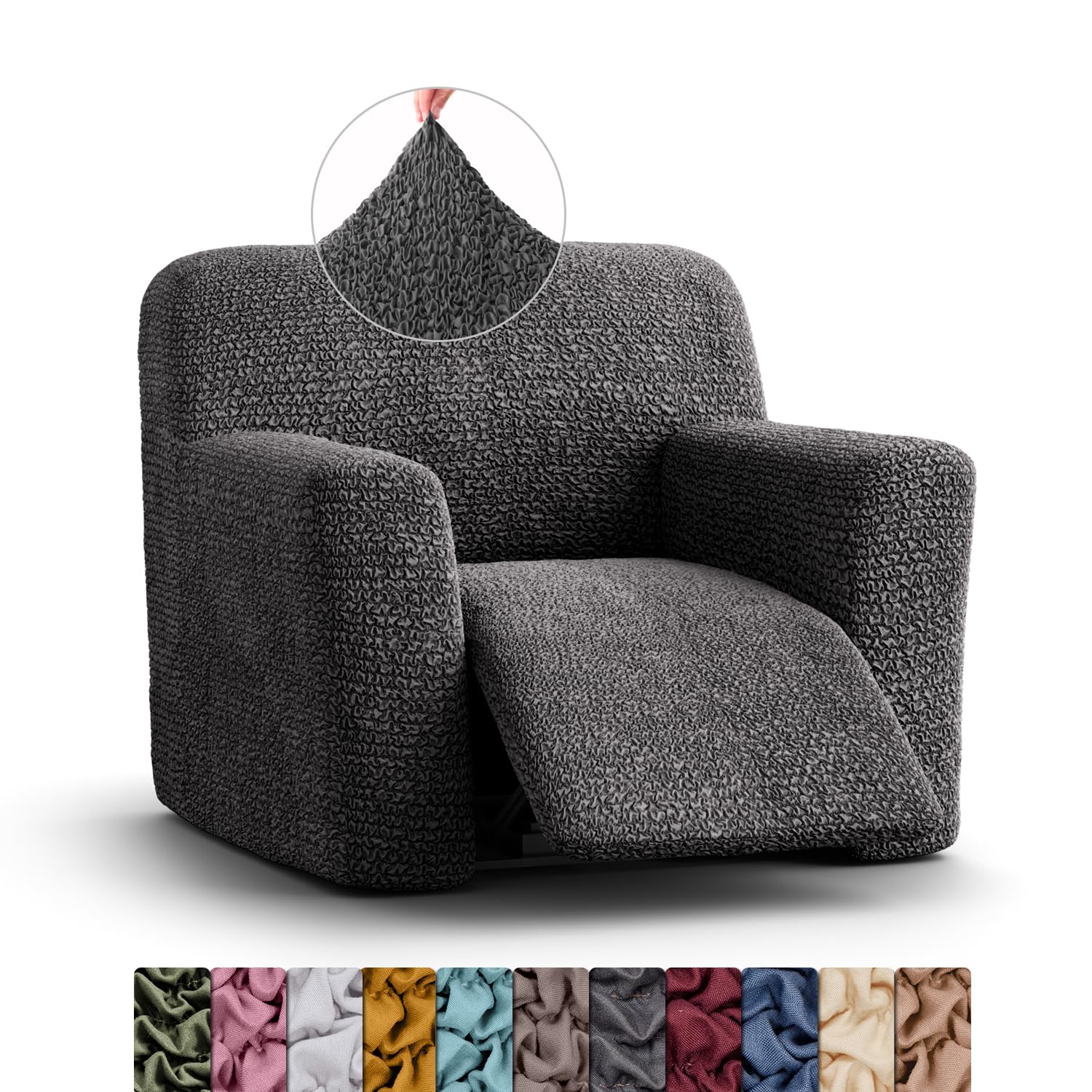 Menotti Sanitised Recliner Cover - Chair Cover - Armchair Slipcover - Soft Fabric Slipcover - Wingback Recliner Stretch Furniture Protector - Microfibre - Grey (Recliner Chair)