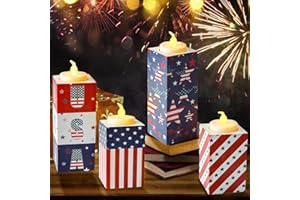 Kenburg 4 Pcs Patriotic Wood Candle Holders with LED Tea Lights 4th of July Tiered Tray Decor, Red White and Blue Decorations Memorial Day Independence Day Centerpieces Sign for Tables Home Indoor