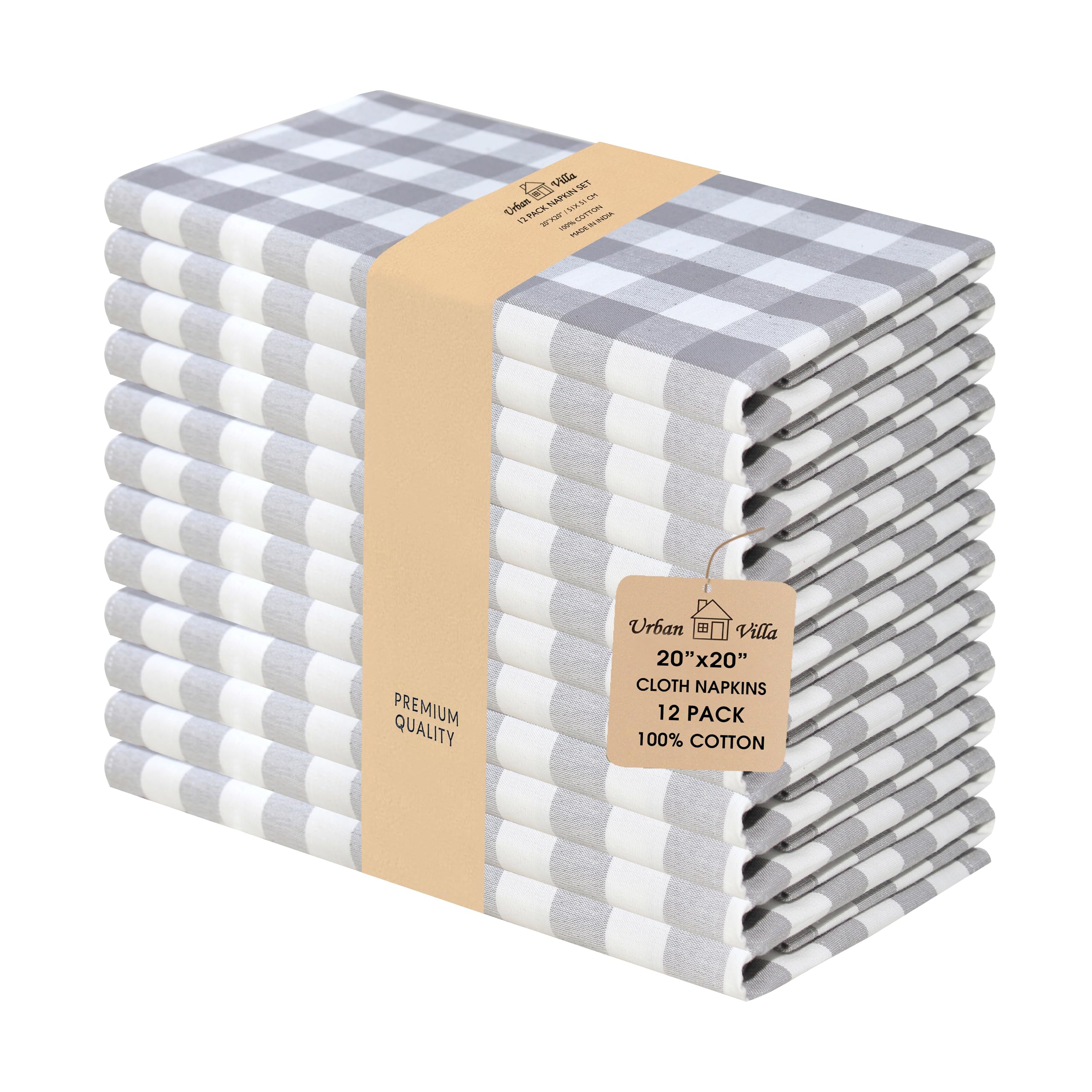 Urban Villa Dinner Napkins, 100% Cotton,Size 51X51 CMS, Grey/White Gingham Check Oversize Cloth Napkins with Mitered Corners, Soft, Durable Hotel Quality (Set of 12)