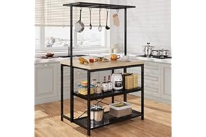 Amyove 42'' Large Kitchen Island Bakers Rack Microwave Oven Stand Shelf with 3 Tier Storage, Metal Coffee Bar Table,Kitchen Storage for Dining Living Room, 5 Hooks, 43.7 * 27.9 * 72