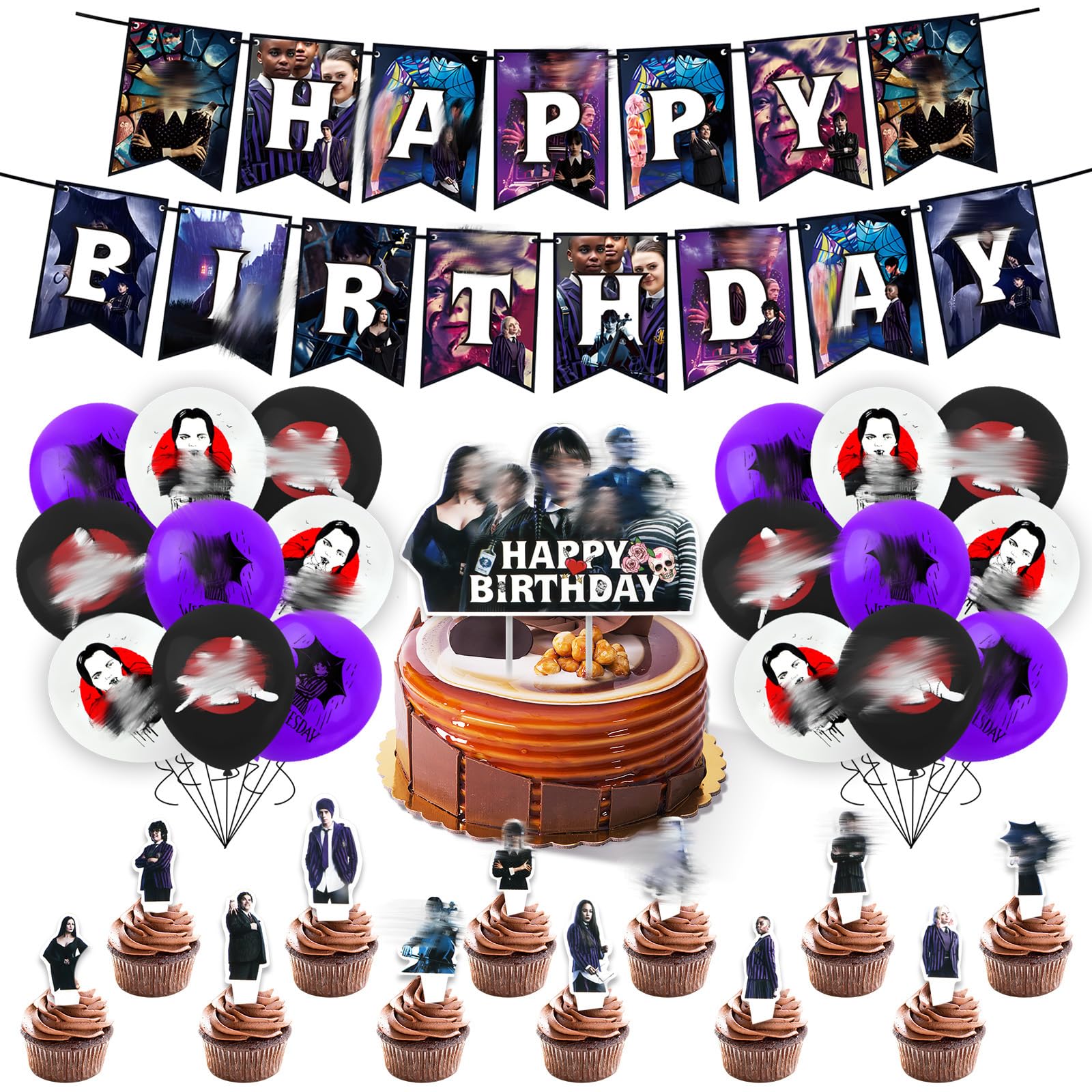 Wedsday Birthday Party Decorations,44PCS Party Balloon Decorations, Birthday Party Supplies for Kids Boys Girls, Include Banner, Balloons, Cake Topper, Cupcake Toppers — image 1