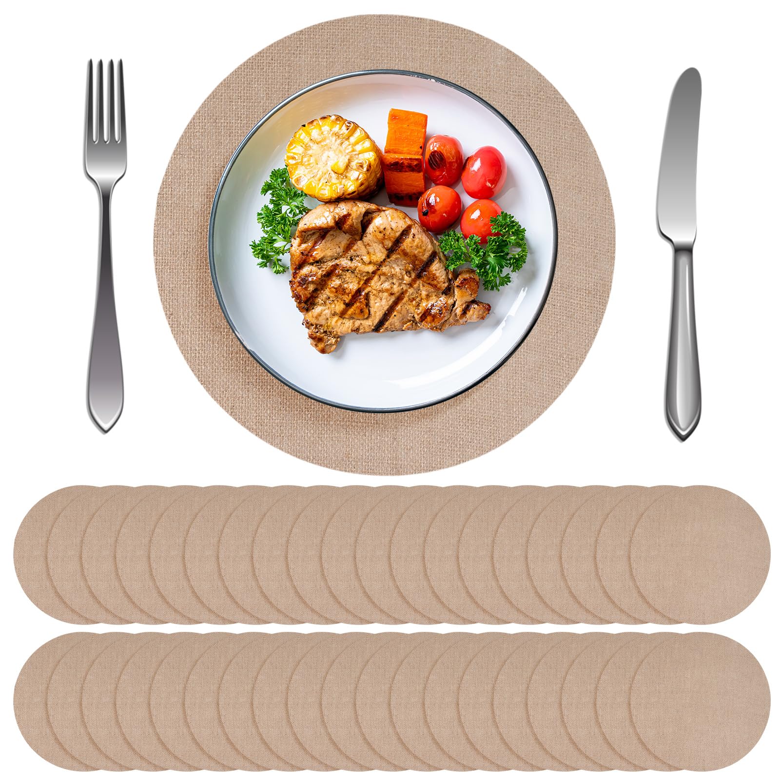 Photo 1 of 100 Pieces Round Burlap Placemats, 13.4 Inch Reusable Brown Table Mats, Jute Farmhouse Round Placemats fro Rustic Table Decorations