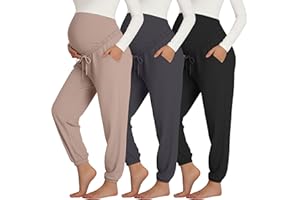 Sweetyweee 3 Pack Women's Maternity Pants Over The Belly Pregnancy Stretchy Jogger Drawstring High Waisted Cuff with Pockets