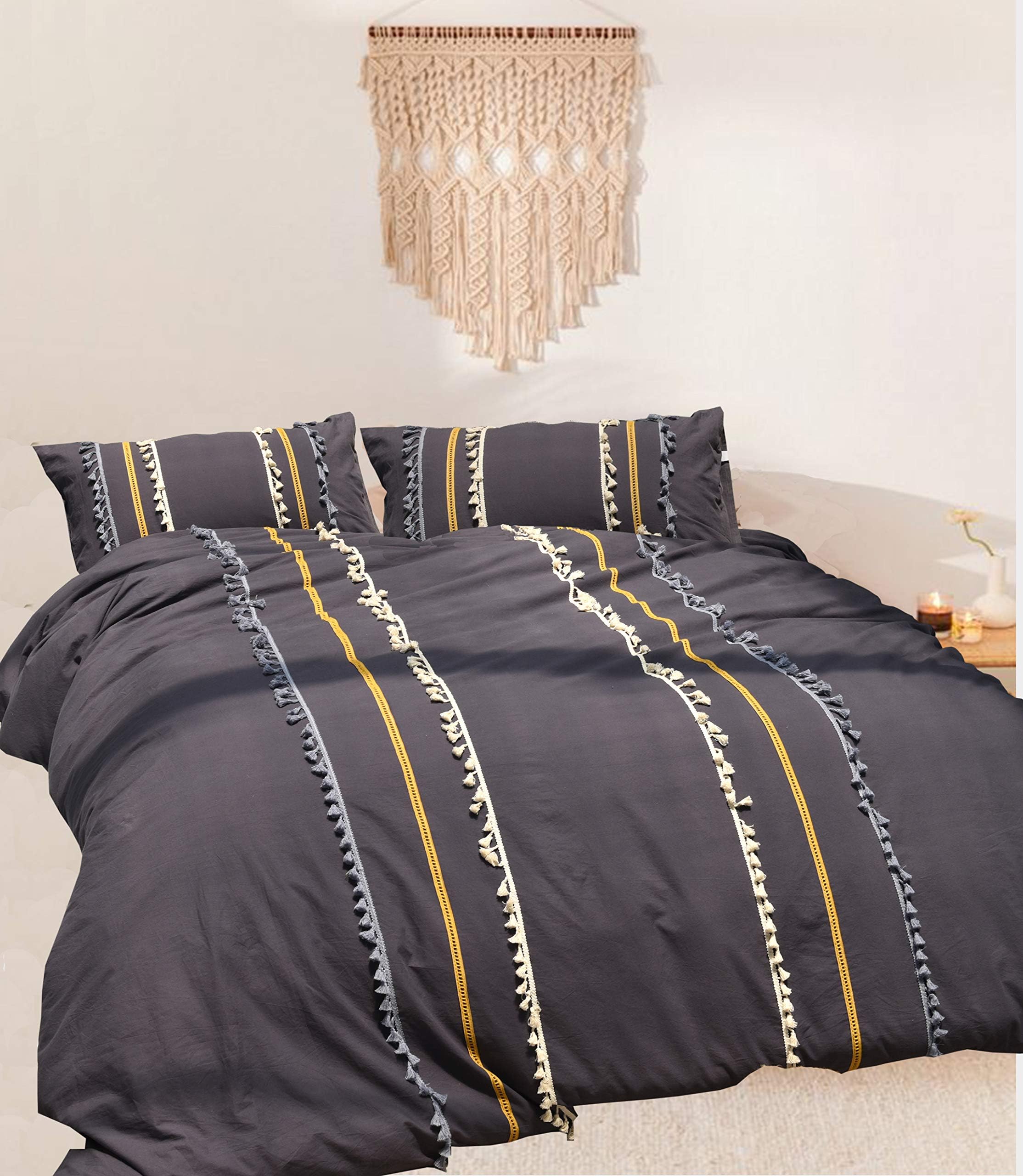 Flber Boho Duvet Cover Queen Cotton Tassel Bedding Grey Comforter,86in x 90in