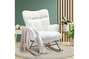 AUNEKIV Rocking Chair Nursery Teddy, Upholstered Baby Fluffy Glider Rocker for Adults Indoor, Comfy Sherpa Compact Nursing Chairs for Small Spaces, Living Room, Classroom, Bedroom, White