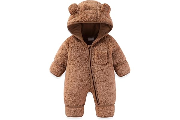 AiWMGL Newborn Baby Bear Fleece Footed Hooded Jumpsuit | Unisex one-piece footed romper with fold-over mitts for winter.