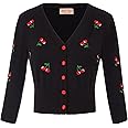 Belle Poque Women's 3/4 Sleeve V-Neck Button Down Cherries Embroidery Cropped Cardigan Sweater Coat