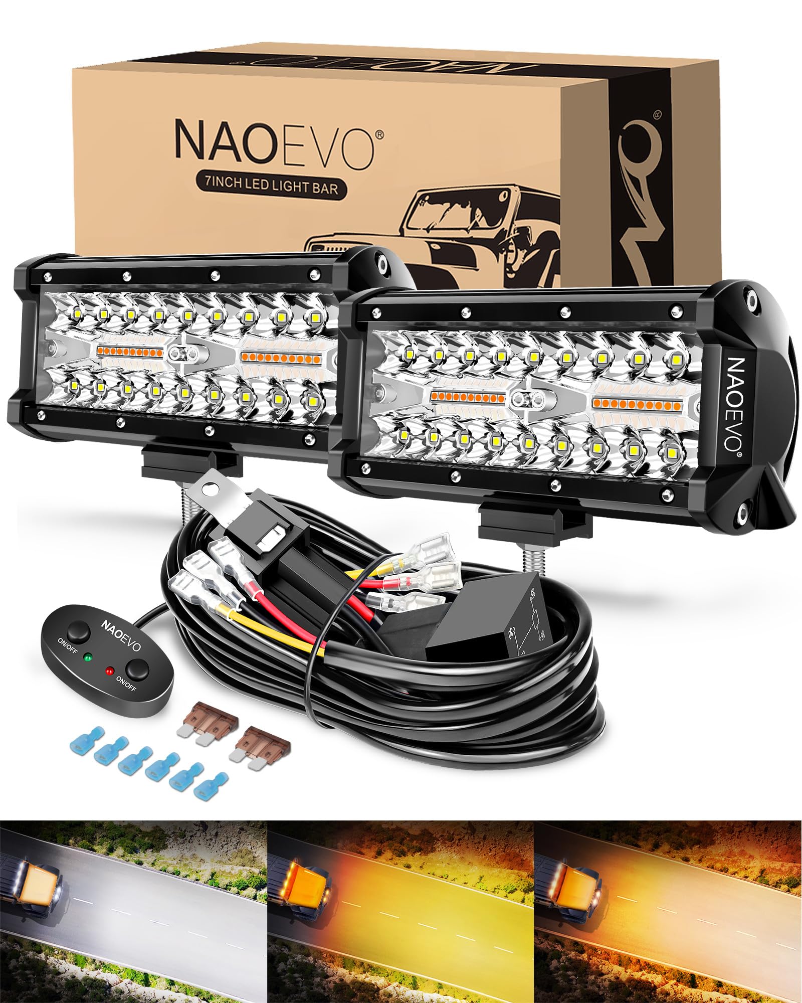 Photo 1 of NAOEVO 7 Inch Light Bar, 240W 24,000LM Offroad Fog/Driving Lights LED Pods with 2 Leads Wiring Harness, Spot Flood Combo LED Work Lights for Truck Boat UTV ATV, 2-Pack (White/Amber/White&Amber)