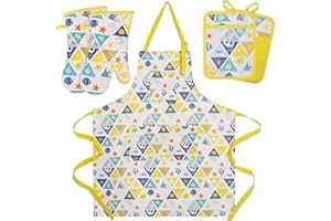 RED LMLDETA Oven Mitts and Pot Holders with Cooking Apron Set of 5, Heat Resistant Kitchen Mitten Gloves and Silicone Non-Slip Potholders, Adjustable Neck Buckle Chef Apron, Nice Design for Cooking (Sea Fish)