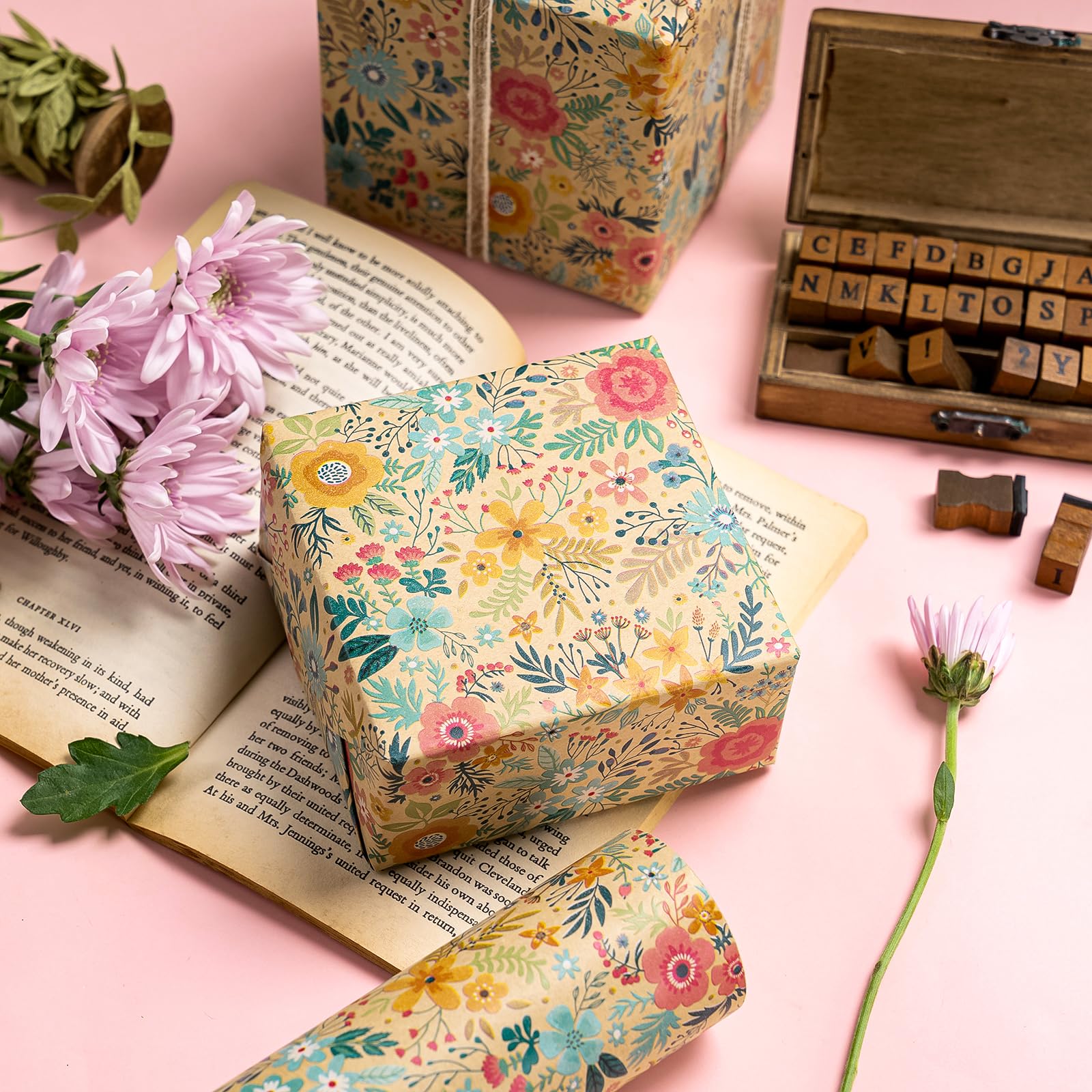 WRAPAHOLIC Kraft Floral Wrapping Paper Roll - Mini Roll - 17 Inch x 9.8 Feet - Spring Summer Garden Flower Design Perfect for Wedding, Bridal Shower, Birthday