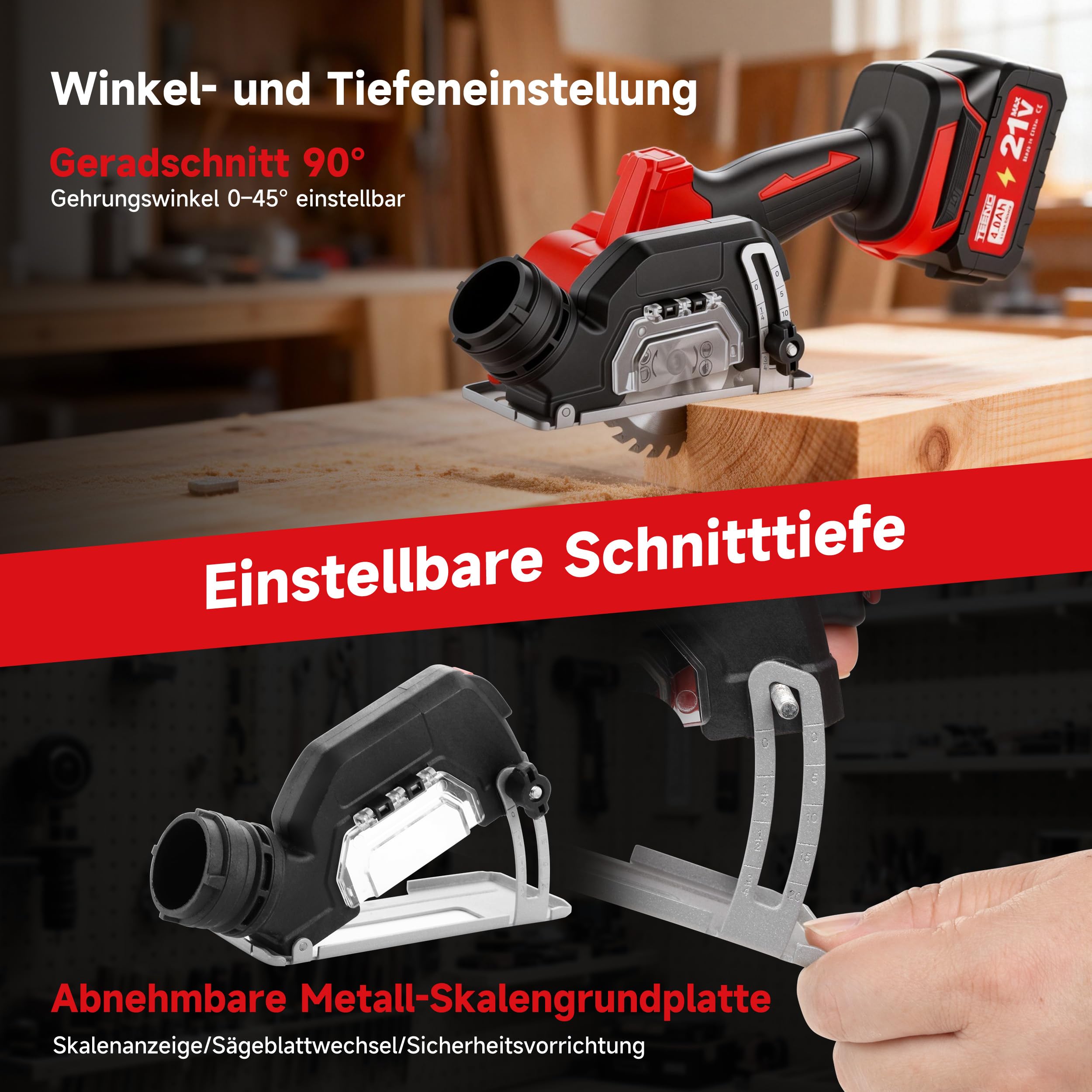 TEENO Akku-Mini-Handkreissäge, Akku Handkreissäge mit LED-Leuchte, 2x 4,0Ah-Akkus, Einstellbarer Schnittwinkel, 20000 U/min, 3 Sägeblätter inklusive Schleifscheibe für Metall, Holz und Fliesen 5