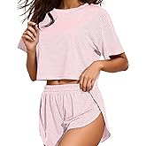ANGELBEE Split Short Pajama Set Soft Women's Striped Pajama Sleeve Tee & Elastic Waist Shorts Lounge Sleepwear