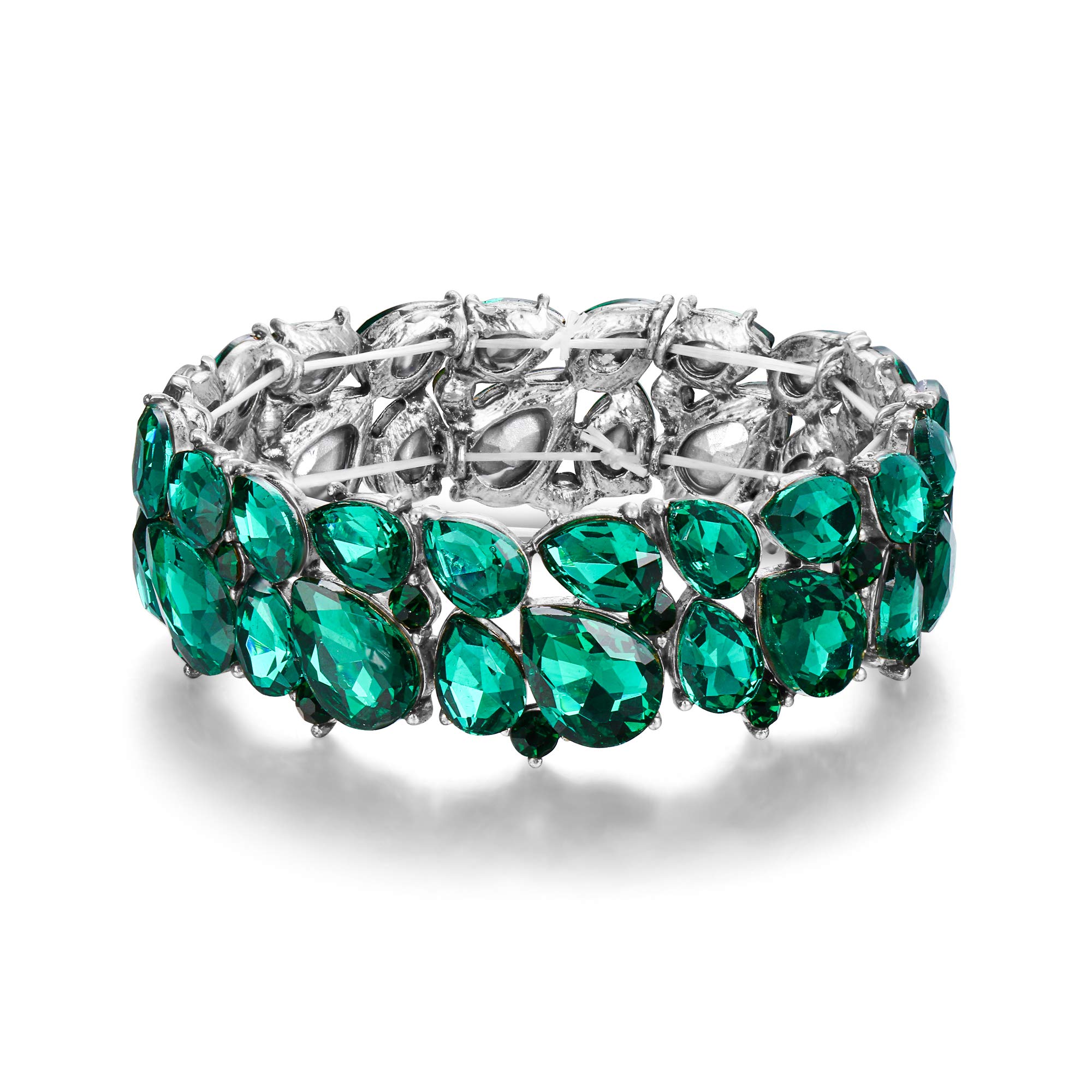 Ever Faith Women's Costume Jewelry Crystal 2 Layer Teardrop Stretch Bracelet for Prom Party Emerald Green Silver-Tone