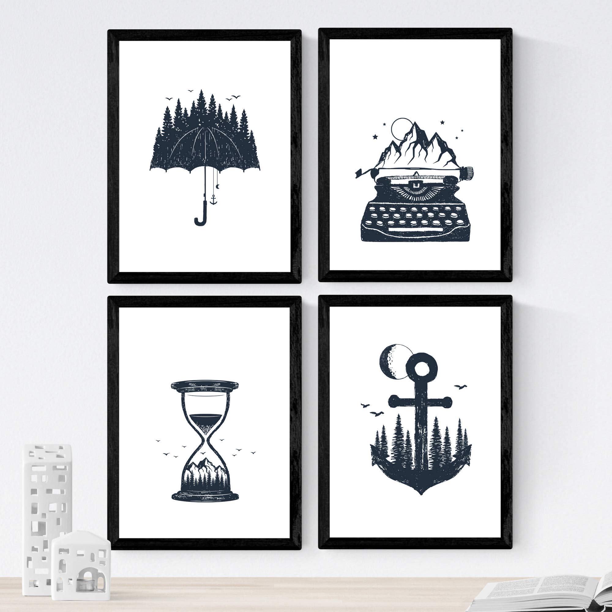 Nacnic Set of 4 prints of Time in the Woods. Beautiful nature designs in nordic style. Wall decoration for your home, office or shop. A4, frameless.