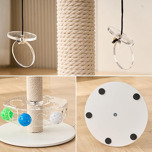 KICARI MODERN 3-IN-1 INTERACTIVE CAT TOY, ROTATING PUZZLE BOX CAT PUZZLE TOYS FOR INDOOR CATS WITH COLORFUL JINGLE BALLS, SMALL SCRATCHING POST, SPINNING TEASER DISC WITH DANGLING TOYS, ACRYLIC WHITE
