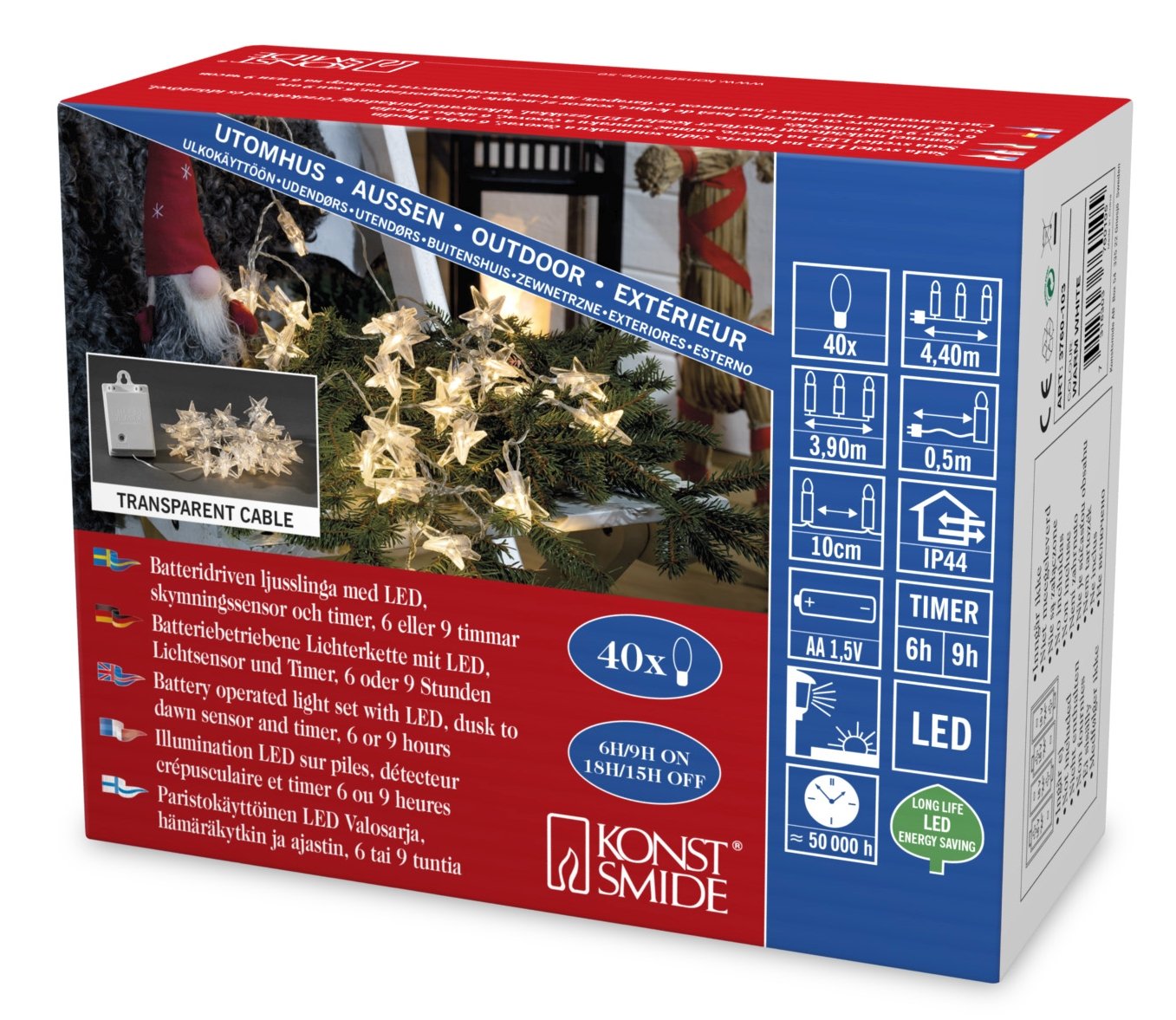 Konstsmide LED Decorative Fairy Lights Acrylic Stars/Battery Operated 4X AA 1.5 V (Not Included) / 6 Hours and 9 Hours Timer / 40 Warm White Diodes/Transparent Cable