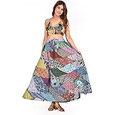 Hippie Forever Summer 2025 Colorful Patchwork Maxi Skirt - Indian Cotton, Bohemian Style,One Size (Waist 28-34 inch) Blue